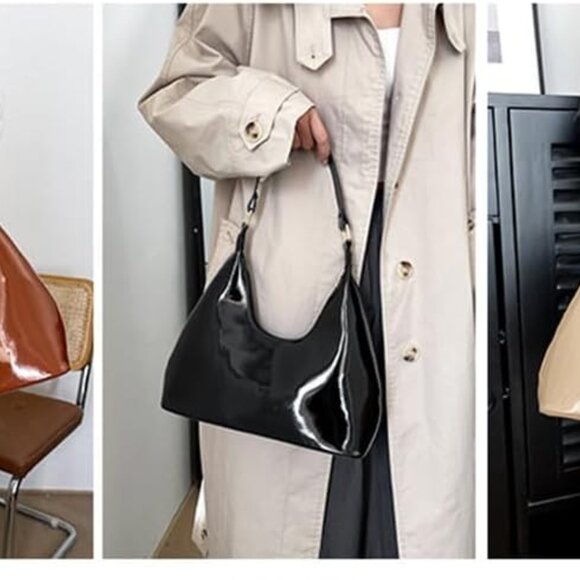 Patent Leather Hobo Bag Small Tote Satchel Purse Zipper Closure - Picture 8 of 9